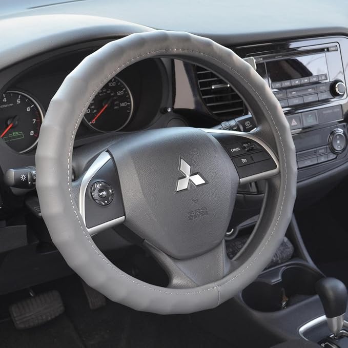 Gray Leather Car Steering Wheel Cover Large Size 15.5 to 16 inch, Easy Installation