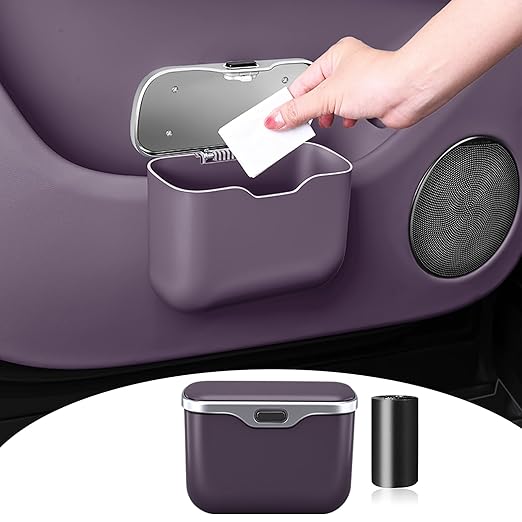 Car Trash Can, Waterproof Multi‑Functional Auto Trash Bin for Door/Console/Seat Back, Universal Vehicle Garbage Can for Car/Truck/SUV Drivers (Purple)