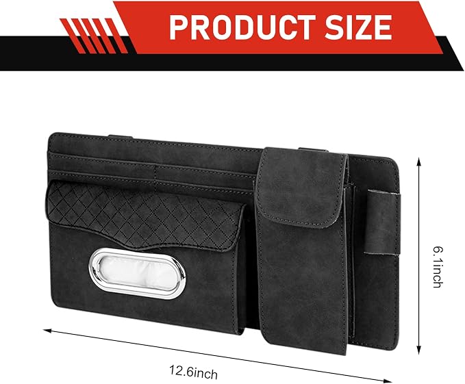 Car Sun Visor Organizer, Multi-compartment Storage Clip for Tissues ID Cards Sunglasses, Suede-like Premium Vehicle Visor Decorative Accessories, Universal for Most Vehicles (Black)