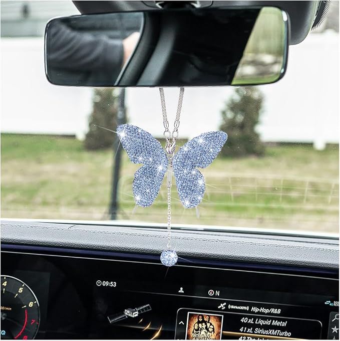 Bling Butterfly Diamond Car Accessories, Crystal Car Rear View Mirror Charms for Women, Car Decoration Lucky Gifts Hanging Interior Crystal Ornament Pendant Decor for All Cars (Light Blue)