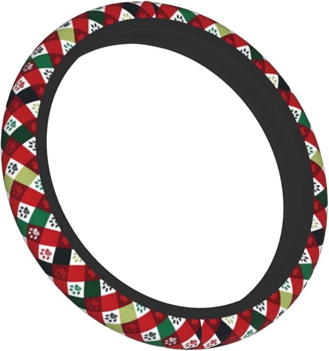 Christmas Red Plaid Dog Paw Prints Steering Wheel Cover Car Accessories Cute for Women Girls Girly Universal 15 Inch Neoprene Auto Interior Decor Anti Slip Car Truck Protector
