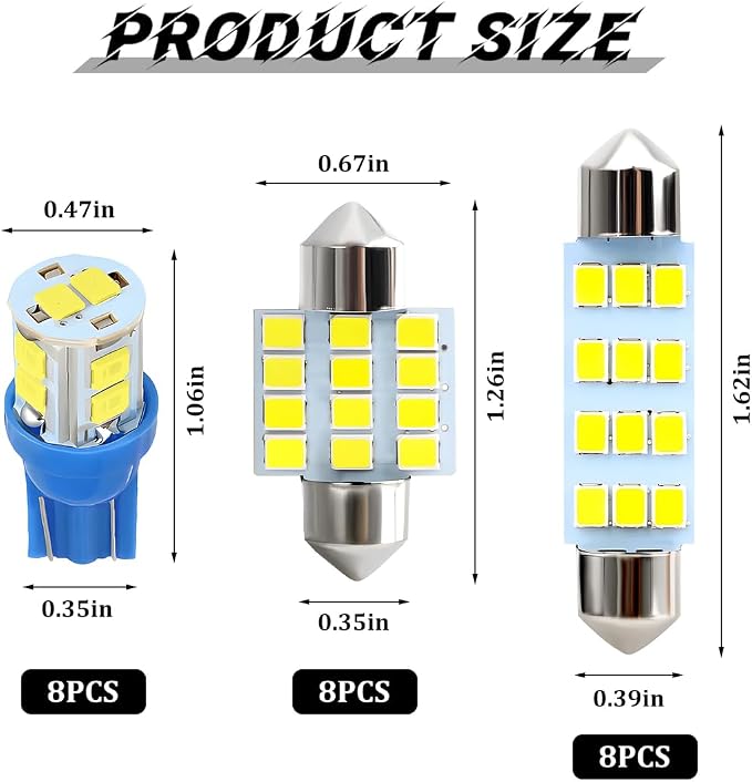 24PCS LED Interior Car Lights, T10 31mm 41mm Dome Bulb Kit,Ice Blue | 194 168 2825 DE3175 578 sockets, alloy PCB, output for map trunk license tag, plug in, automotive accessories