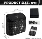 Car Trash Can with Lid & Rhinestones Design,Push-on Car Trash Bin for Storing Trashes Items & Cars Decor Includes 30PCS Trashes Bag,Shiny Cars Garbage Can with Back Clip for Side Door (Black Diamond)
