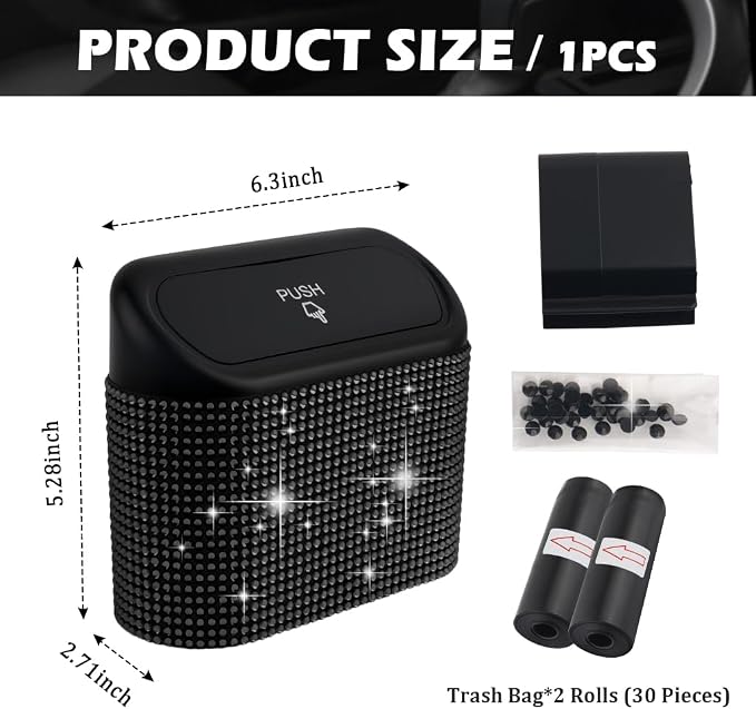 Car Trash Can with Lid & Rhinestones Design,Push-on Car Trash Bin for Storing Trashes Items & Cars Decor Includes 30PCS Trashes Bag,Shiny Cars Garbage Can with Back Clip for Side Door (Black Diamond)