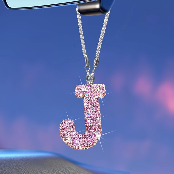 Bling Pink Car Accessories for Women Letter Charm, Rainbow Color Rear View Mirror Cute Crystal Pendant Car Decorations, Lucky Gifts Girly Diamond Rhinestone Charm Interior J