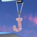 Bling Pink Car Accessories for Women Letter Charm, Rainbow Color Rear View Mirror Cute Crystal Pendant Car Decorations, Lucky Gifts Girly Diamond Rhinestone Charm Interior J