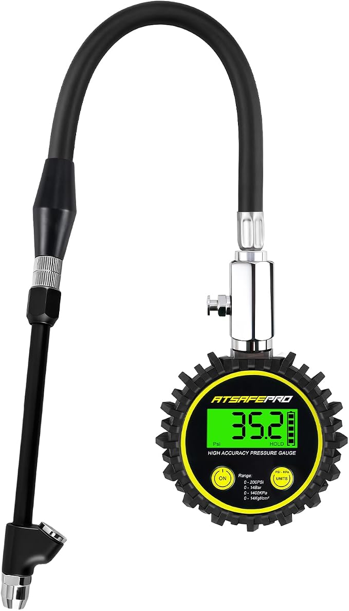 Digital Tire Pressure Gauge - Backlit Display, 200 PSI Accurate Tire Gauge - Hold Function, Long Hose, Dual Head Air Chuck, 4 Units, Bleed Valve, AAA Battery, for Car Truck RV