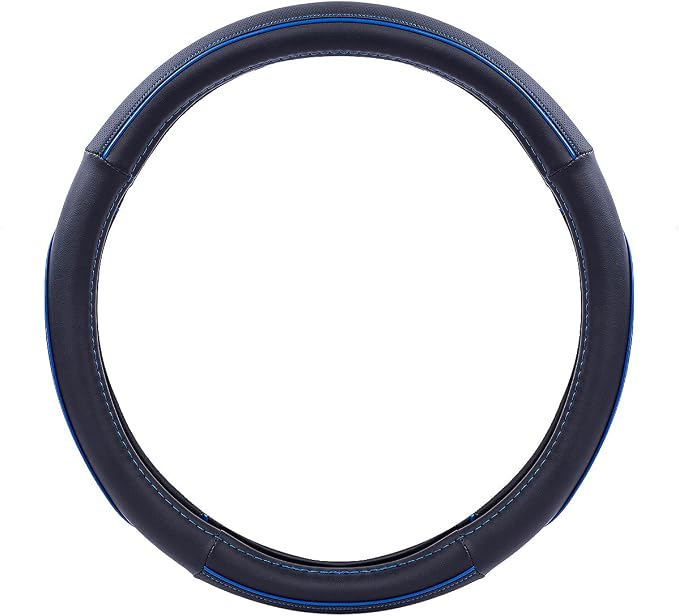Colour Piping Leather Universal Fit Steering Wheel Cover,Perfectly fit for 14.5-15 inches Suvs, Vans, Trucks, Sedans, Cars (Black&Blue)