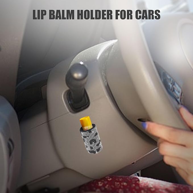 Upright Car Chapstick Holder, Bling Insulating Lip Balm Holder,Rhinestone Car Accessories for Women Interior,Suitable for Most Vehicles. (Cow)