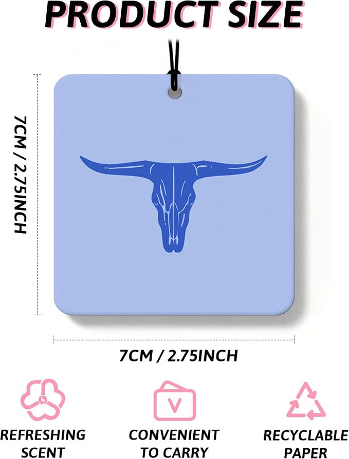 Blue Boho Western Orange Car Air Freshener 4 Pcs, Preppy Cow Skull Cactus Cowgirl Boots Square Hanging Air Freshener for Closet Drawer Books, Western Car Accessories Mirror Decor for Women