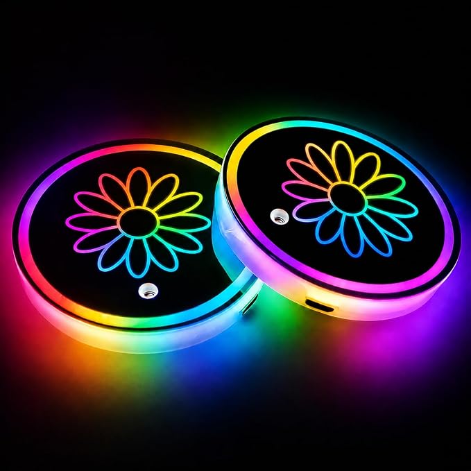 Daisy LED Cup Holder Lights for Car,7 Colors Light Up Cup Holder Coasters for Car Decor,Vibration Sensor Coasters,Daisy Auto Accessories Gifts for Women Men,Universal for SUV Sedan Truck