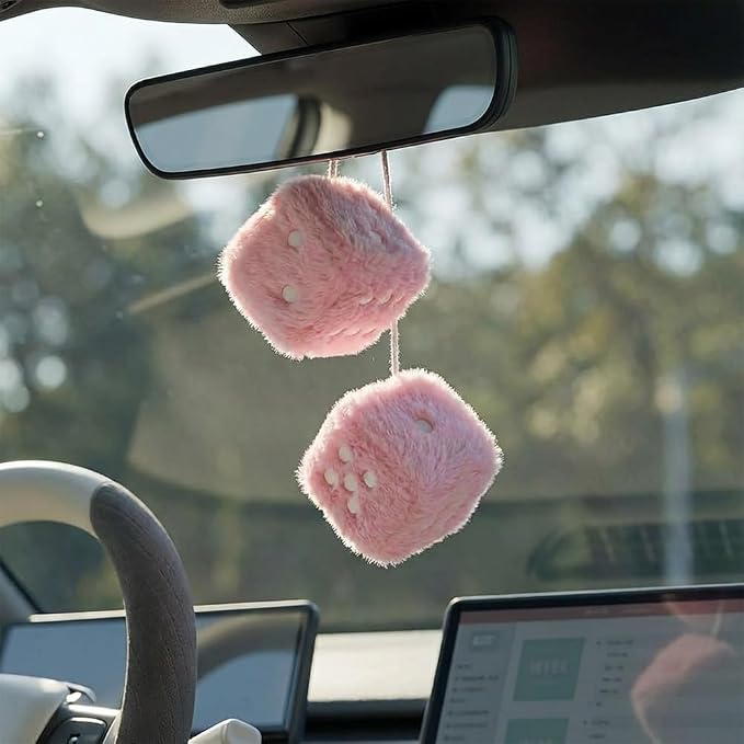 Fuzzy Plush Dice for Car Mirror, Pair of Retro 3” Light Pink Dice with White Dots for Car Interior Hanging Ornament Decoration (Light Pink)