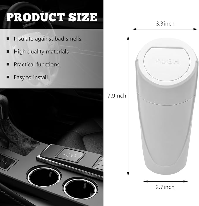 Car Trash Can Bin with Lid, Mini Vehicle Cup Holder Organizer Leakproof Garbage Bin, Waterproof Cup Type Trash Can Multi-Function Storage Container for RV Home Office (White)