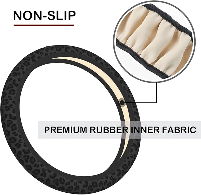 KARREAL Black Leopard Print Cheetah Elastic Steering Wheel Cover, Non-slip Breathable Neoprene Steering Wheel Covers, Women Leopard Car Accessories, Universal 15 Inch Fit Auto, Suvs, Truck