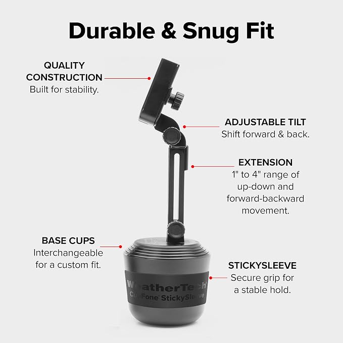 CupFone with Extension – Adjustable, Universal Cup Holder Cell Phone Mount Car & Truck Accessory – Best Design for iPhone & Smartphone Charging – Red Metal Knobs