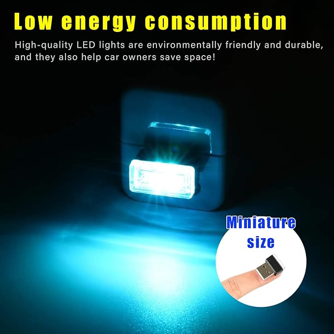 4 PCS USB LED Car Interior Atmosphere Lamp, Plug-in USB Decor Night Light, Portable Auto Ambient Lighting Kit, Universal Vehicle Interior Accessories for Most Cars (Ice Blue)