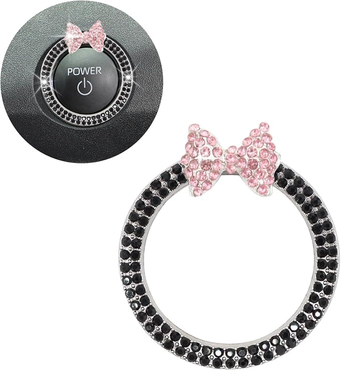 ORIESSE Bow Car Accessories,Pink Bow Tie Push Start Button Rhinestone Ring,Black Engine Start Stop Button Ring Car Decor,Bling Girly Ignition Charm