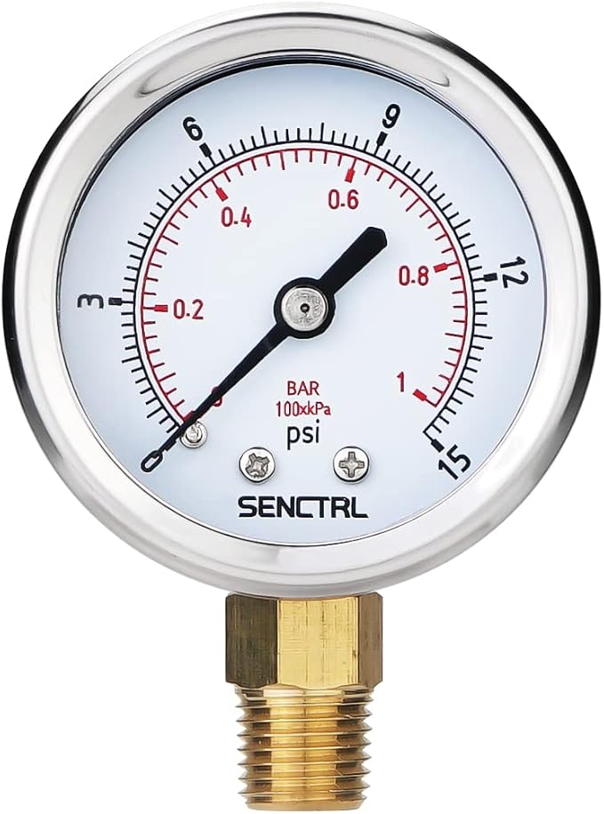 0-15 Psi Low Pressure Gauge, 2" Dial Size, 1/4 Npt Lower Mount, Waterproof, Stainless Steel Case, for Water Air ATV Tire Gas Pressure Test