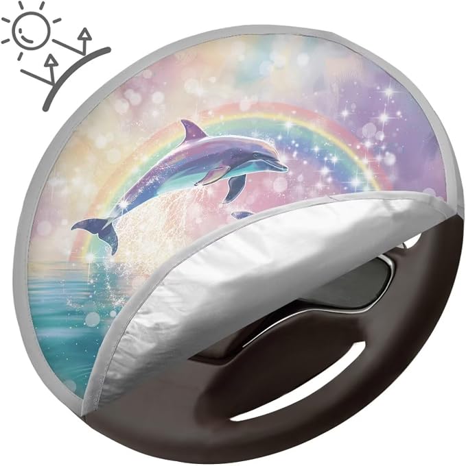 Car Steering Wheel Sun Shade Cover Cute Dolphin Car Accessories Cooling Steering Wheel Cover Women Sun Heat Shield UV Rays Universal Fit 17 inch Steering Wheel Protection Cover