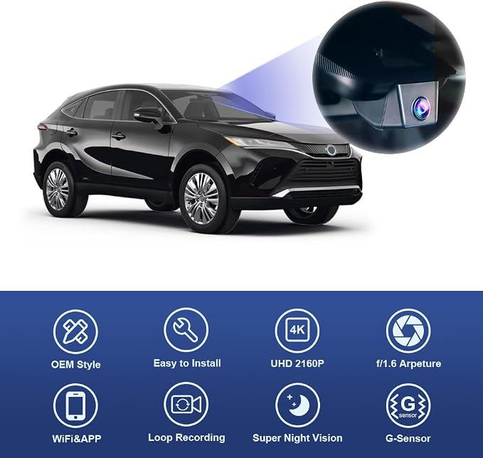 4K Dash Cam Adapts for Toyota Venza 2021-2024 LE XLE Limited Nightshade Edition, Integrated OEM Look, UHD 2160P Video, Built-in WiFi & APP, Loop Recording, G-Sensor, Plug & Play, 64GB Card