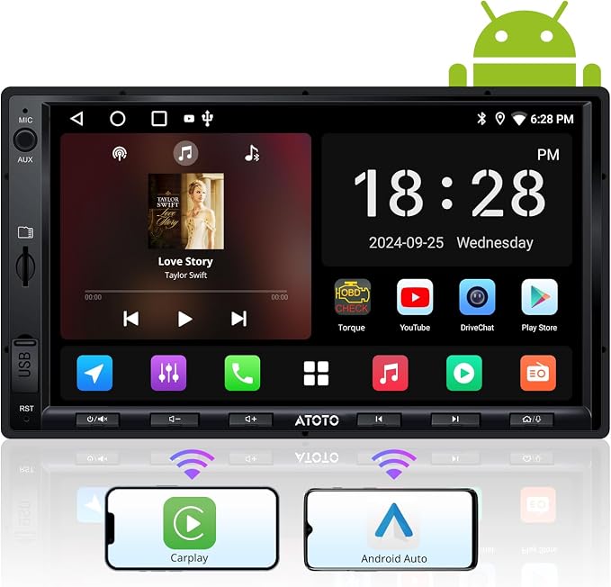 A5L 7inch Android Double DIN Car Stereo, Wireless CarPlay&Android Auto, Wi-Fi/USB/BT Tethering, QLED Touch Screen Car CarPlay, DSP, MirrorLink, FM&SS Radio, HD LRV, HDMI Out, AI&GPS Tracking