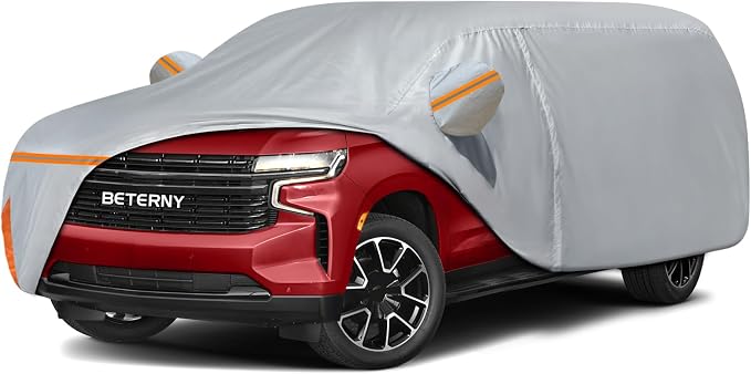 Car Cover for 2007-2026 Chevy Suburban/Cadillac Escalade ESV/GMC Yukon XL, Waterproof Custom-fit All Weather Sun Rain UV Dust Snow Protection Outdoor Car Cover with Door Zipper and Cotton Lining-Grey