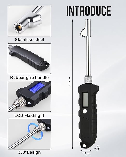 Digital Tire Pressure Gauge, Heavy Duty Stainless Steel Dual Head Tire Gauge 0-230 PSI with Flashlight & Backlit LCD, Car Accessories for RV Truck & Cars