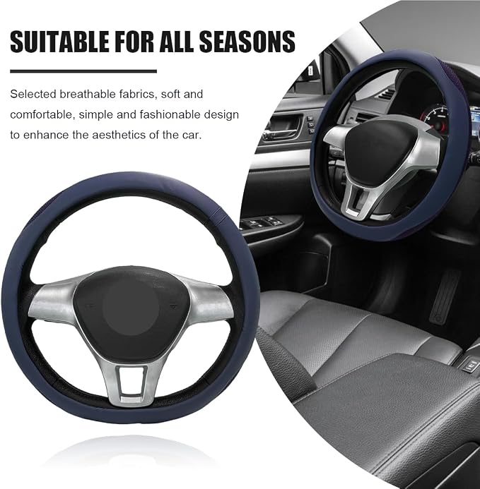Car Steering Wheel Cover, Leather Breathable Ice Silk Auto Wheel Wrap with Anti-Slip Lining, Scratch-Resistant Elastic Protector Fit for 14.5-15 Inch Steering Wheels (Blue)
