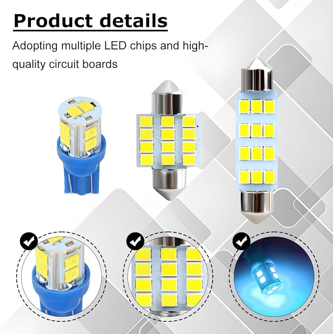 24PCS LED Interior Car Lights, T10 31mm 41mm Dome Bulb Kit,Ice Blue | 194 168 2825 DE3175 578 sockets, alloy PCB, output for map trunk license tag, plug in, automotive accessories