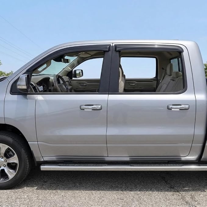 2019-2026 Tape-On Side Window Deflector Visors Compatible with Dodge Ram 1500 Crew Cab Only Smoke Tinted Rain Guards 2020 2021 2022 2023 2024 2025