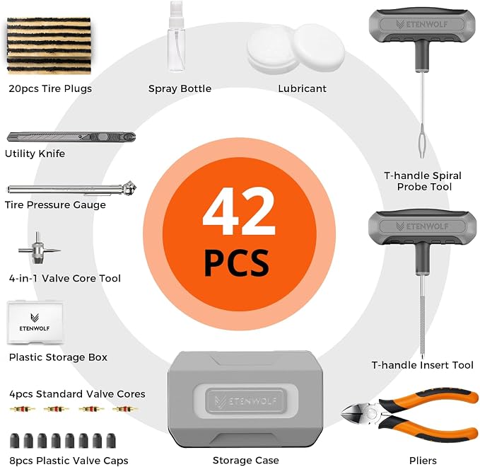 Tire Repair Kit 42 Pcs, Heavy Duty Tire Plug Kit to Fix Punctures, Tire Repair Tool with Plugs for Car, Motorcycle, ATV, Jeep, Truck, Tractor, Gifts for Him Her Men Women (Grey)