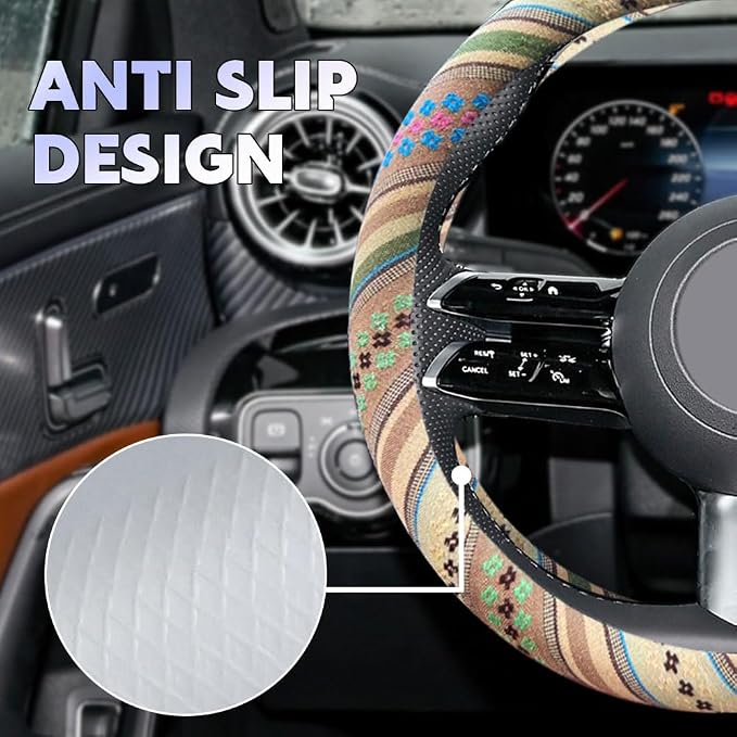 Boho Steering Wheel Cover, Steering Wheel Cover Women, 15 inch Hippie Style Protector Covers, Universal Ethnic Flax Cloth Car Accessories Universal for SUV Van Truck (Hippie-G)