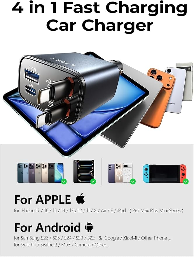 Retractable Car Charger, 84W Car Charger USB C Fast Charger, Cigarette Lighter USB Charger Adapter, Car Accessories Birthday Gifts for Men Women Dad Mom Husband, for iPhone 17 16 15 14 13 12 11