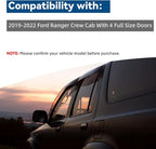 4pcs Window Visors Compatible with 2019-2022 Ranger Crew Cab Front+Rear Smoke Tint Sun/Rain Guard Outside Mount Tape-On Vent with 4 Full Size Doors