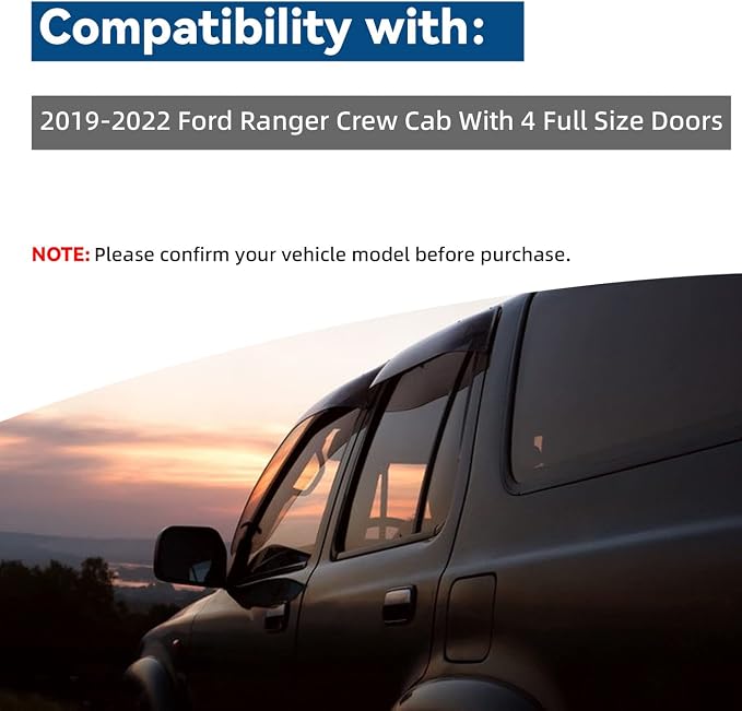 4pcs Window Visors Compatible with 2019-2022 Ranger Crew Cab Front+Rear Smoke Tint Sun/Rain Guard Outside Mount Tape-On Vent with 4 Full Size Doors
