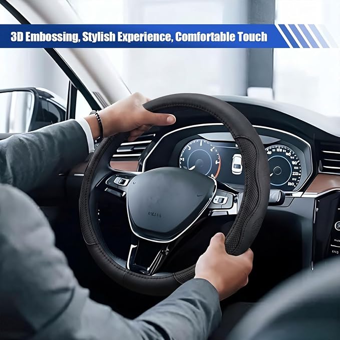 15 Inch Leather Car Steering Wheel Cover for SUV, Truck, Blackline | Anti-Slip Breathable Automotive Steering Wheel Protector, Universal Heat Resistant Vehicle Interior Accessories