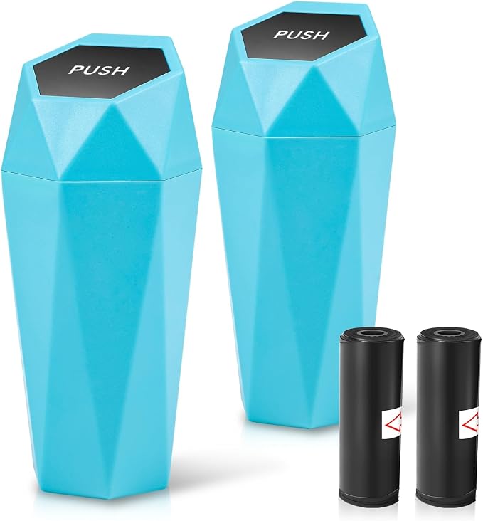 Car Trash Can with Lid, Blue Car Garbage Can Cup Holder for Interior, 2 Pack Mini Leakproof Garbage Can with 30Pcs Trash Bags, Multipurpose Storage Organizer for Vehicle Home Office