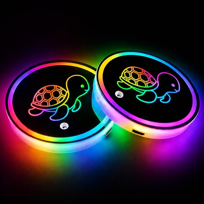 Turtle LED Cup Holder Lights for Car,7 Colors Light Up Cup Holder Coasters for Car Decor,Vibration Sensor Coasters,Turtle Auto Accessories Gifts for Women Men,Universal for SUV Sedan Truck