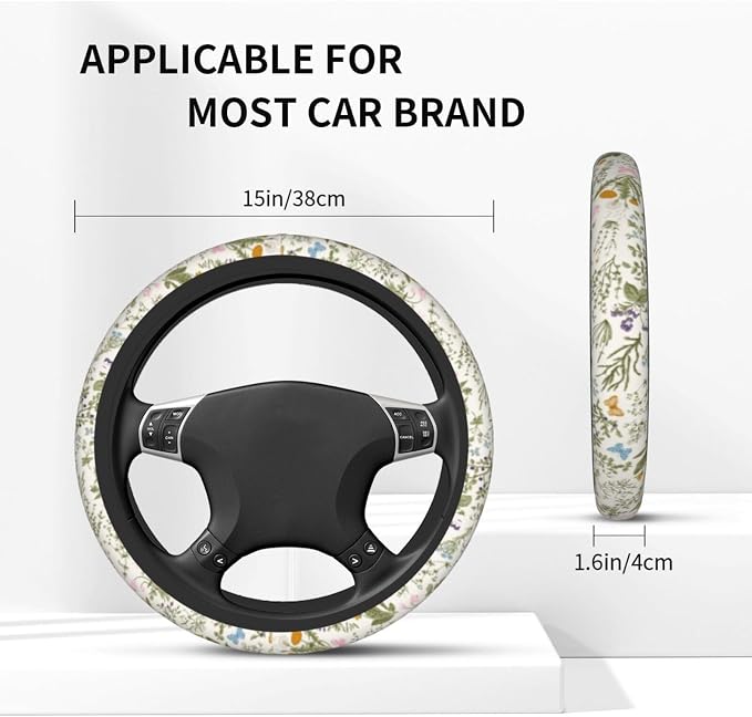 Flowers Colorful Floral Spring Steering Wheel Cover Car Accessories Cute for Women Girls Girly Universal 15 Inch Neoprene Auto Interior Decor Anti Slip Car Truck Protector