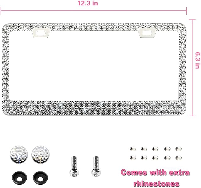 Sparkly Bling Stainless Steel License Plate Frames for Women, 1PCS | Over 1000 pcs 14 Facets Bedazzled Clear Glass Diamond Rhinestone Crystals w/Free Glitter Diamond Box (White)