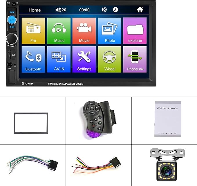 7" Double Din Car Stereo Audio Bluetooth MP5 Player USB FM Multimedia Radio+ 4 LED Mini Backup Camera with Steering Wheel Remote Support Mobile Phone Synchronization (Used in Android/iOS)
