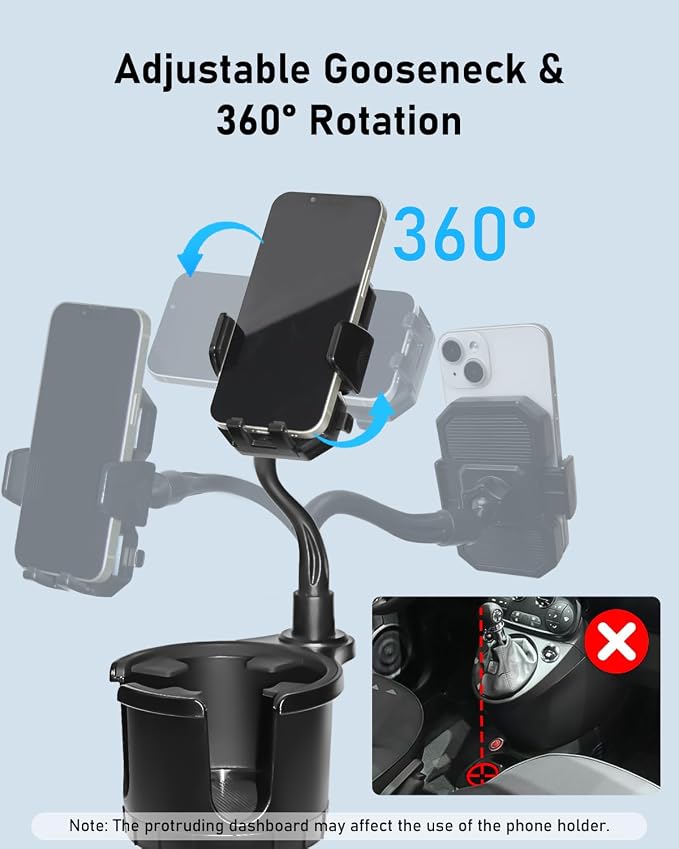 Car Cup Holder Expander with Phone Holder | 2 in 1 Car Phone Mount & Cup Holder, Adjustable 360° Rotation Gooseneck, U-shaped Handle Slot, Fits Phone and Drinking Bottle