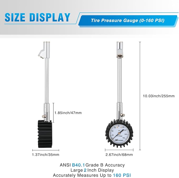 Tire Pressure Gauge 160PSI Heavy Duty Stainless Steel Dual Head Air Pressure Chucks ANSI B40.1 Certified Large 2" Dial Wheel Checker for Truck Semi Truck ATV Motorhome Cars & RV Accessories