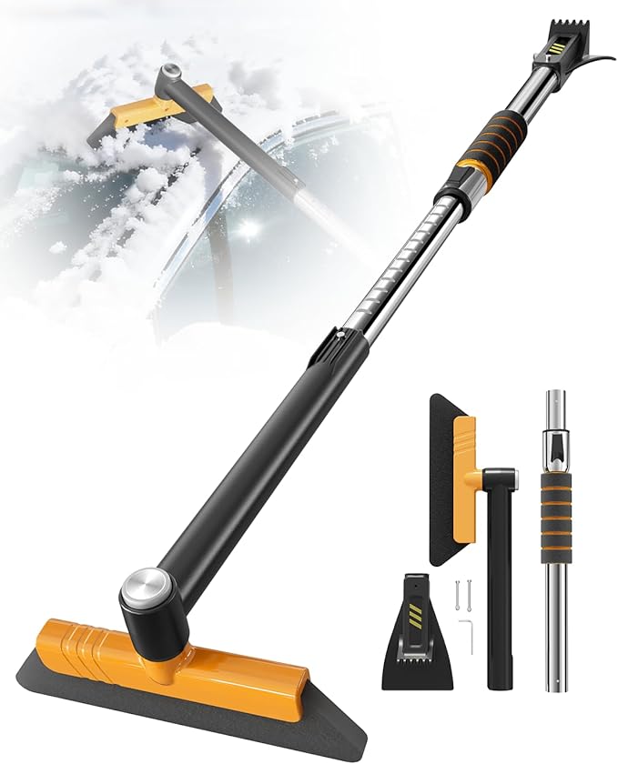 43.7" Extendable Ice Scrapers for Car Windshield for 12 Adjustable Length Settings with Foam Grip and 360° Pivoting Brush Head Detachable Snow Brush for Truck SUV(Orange)
