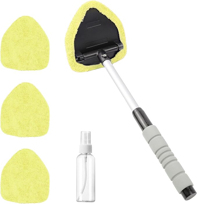 Car Windshield Cleaning Tool, Car Windshield Window Cleaner, Auto Window Glass Cleaning Kit with Extendable Handle & Reusable Microfiber Pad & Spray Bottle, Universal Car Accessories (Yellow)