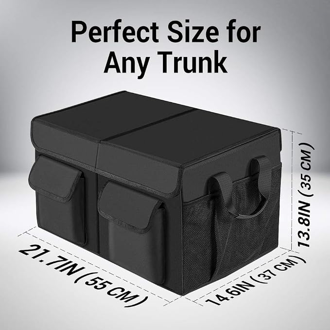 Car Trunk Organizer with Lid, Collapsible Car Storage Organizer with Reinforced Leather Handles, Non-Slip Bottom, Trunk Organizer for SUV, Van, Jeep (Black with Strap, Extra Large)