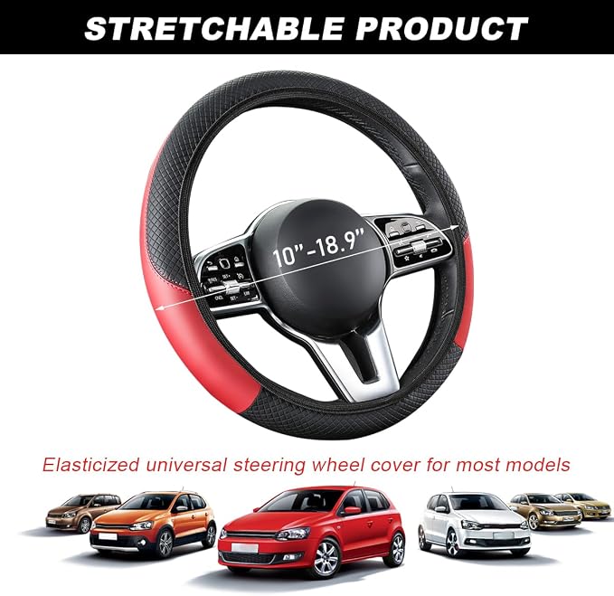 Car Steering Wheel Cover, 15 Inch Carbon Fiber Leather Stitching Color Steering Wheel Protector, Anti-Slip Elastic Breathable Steering Wheel Cover Stylish Decor for Most Cars (Black&Red, AD)