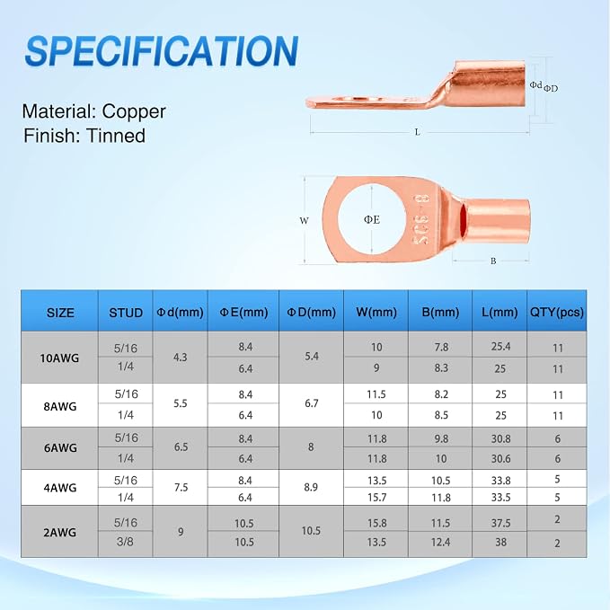 150PCS Copper Wire Lugs and Heat Shrink Tubing 2 4 6 8 10 AWG Heavy Duty Battery Terminal Crimp Connectors 70 PCS 80 3:1 Heatshrink Assortment Kit
