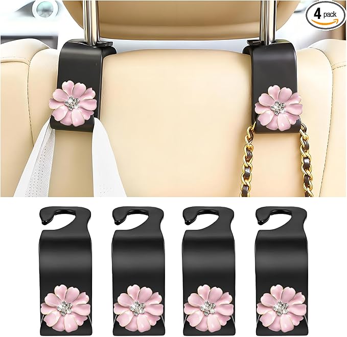 4PCS Bling Car Seat Headrest Hooks, Crystal Rhinestone Flower Vehicle Back Seat Hanger Holder Hook, Automotive Interior Hanging Storage Accessories for Purse Coats Bag, Universal Fit (Pink)