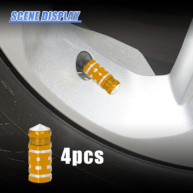 4PCS Tire Valve Stem Caps, Aluminum Tire Valve Cap, Dustproof Leak-Proof Wheel Valve Cover, Corrosion-Resistant Hexagon Stem Covers, Universal for Cars, SUVs, Trucks, Motorcycles, Bikes (Gold)